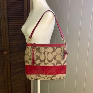 Coach Signature Bag with Red Patent Leather.